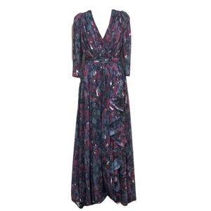 Badgley Mischka Pleated Floral Gown Size 12 Gray Black Burgundy